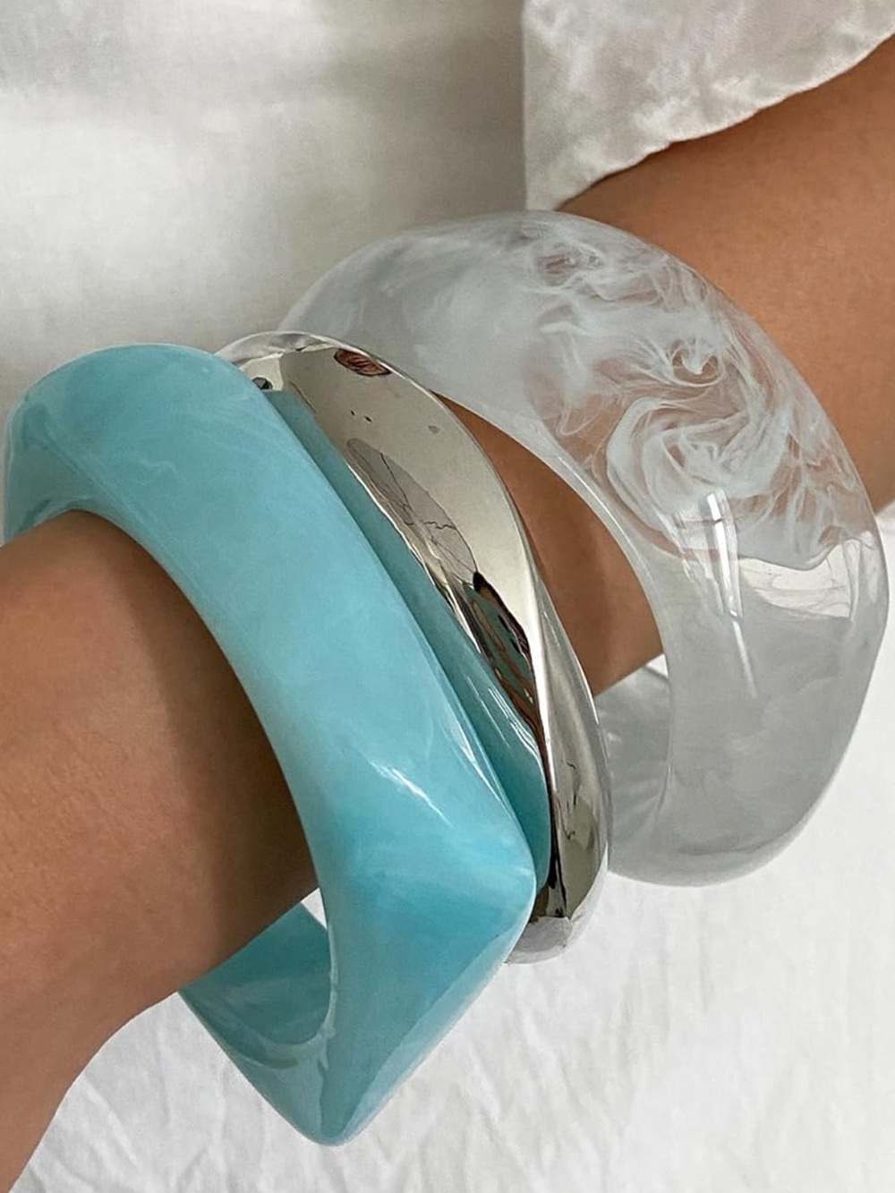 Blue, White & Silver Resin and Silver Bangle Set - 3Pcs - Picture 2 of 7